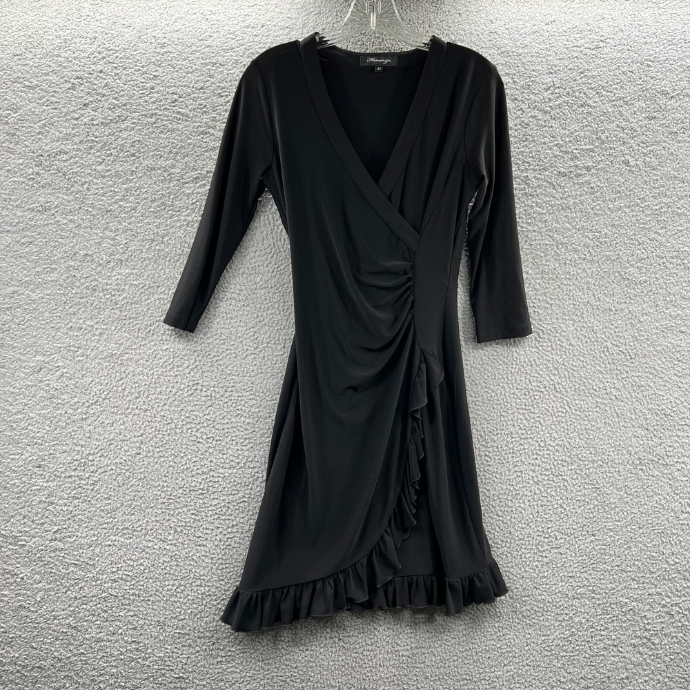Womens Dark Feminine Wrap Midi Dress XS Black‎ Ruched Ruffle Stretch Party Event